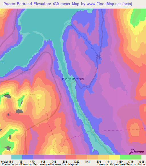Puerto Bertrand,Chile Elevation Map