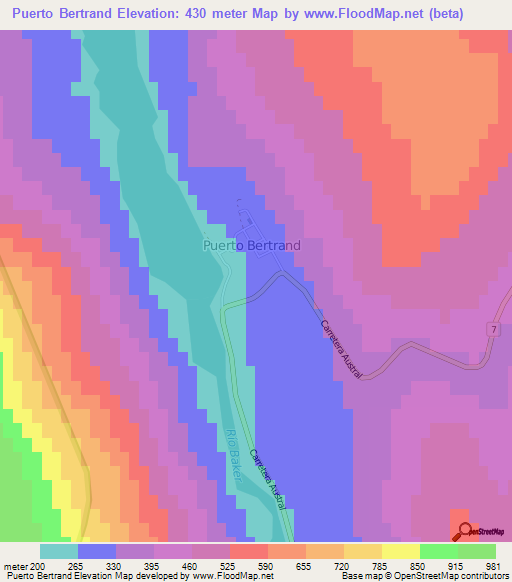 Puerto Bertrand,Chile Elevation Map