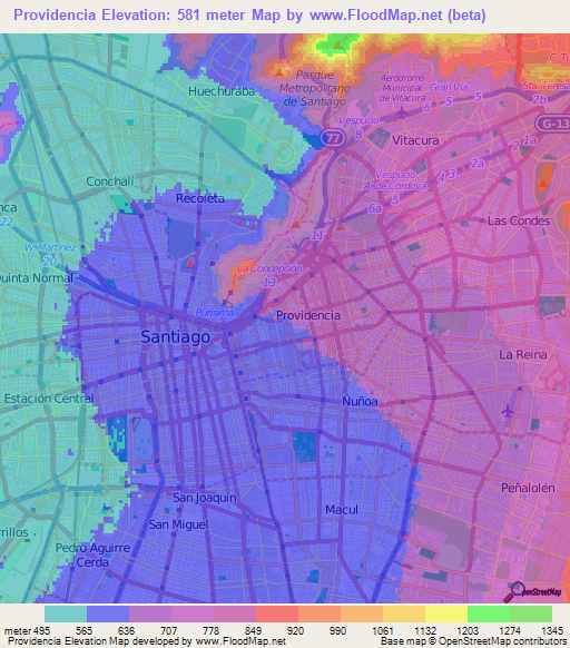 Providencia,Chile Elevation Map