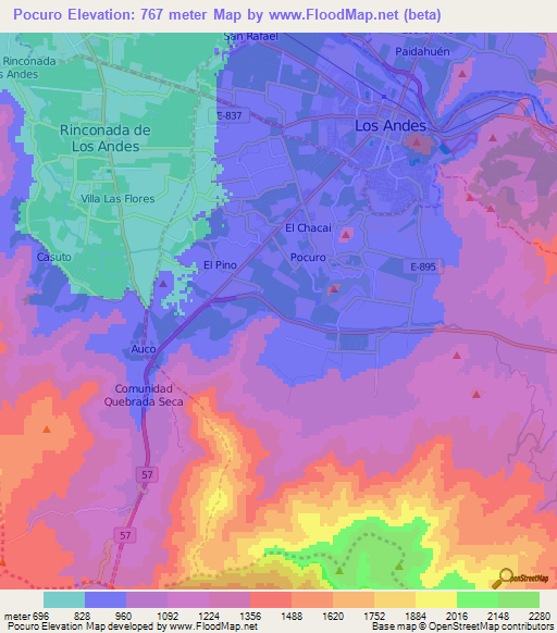 Pocuro,Chile Elevation Map
