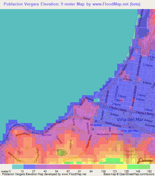 Poblacion Vergara,Chile Elevation Map