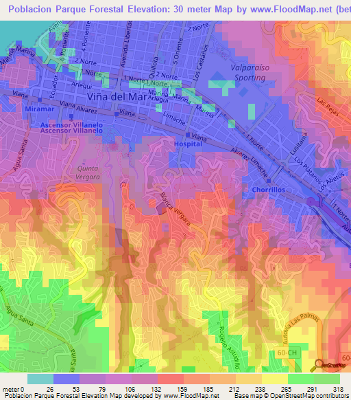 Poblacion Parque Forestal,Chile Elevation Map