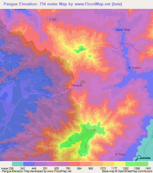 Pangue,Chile Elevation Map