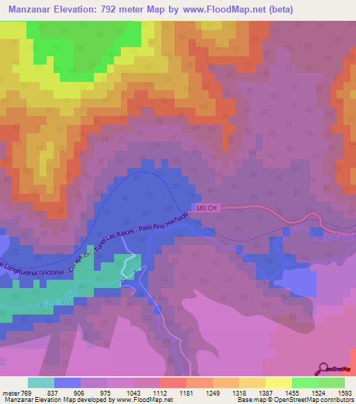 Manzanar,Chile Elevation Map