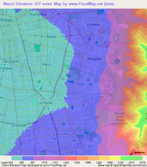 Macul,Chile Elevation Map