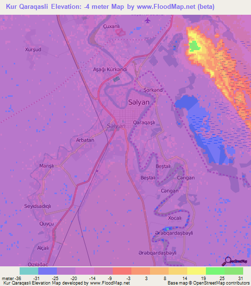 Kur Qaraqasli,Azerbaijan Elevation Map