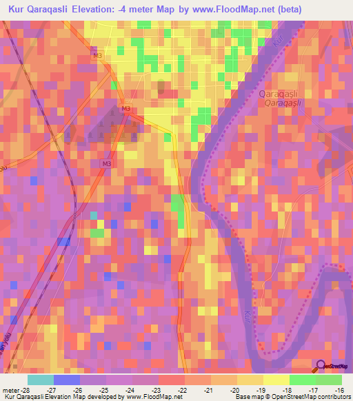 Kur Qaraqasli,Azerbaijan Elevation Map