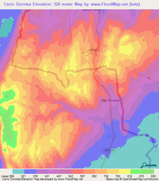 Cerro Dorotea,Chile Elevation Map