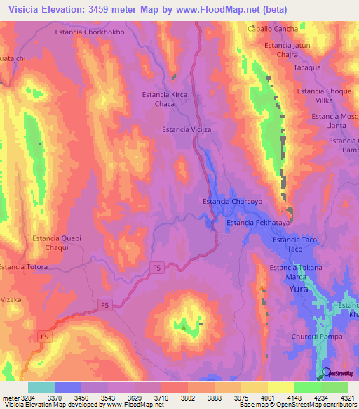 Visicia,Bolivia Elevation Map