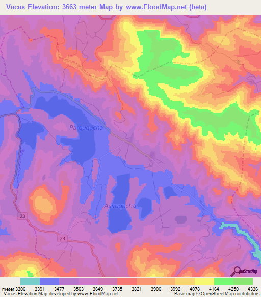 Vacas,Bolivia Elevation Map