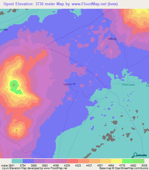 Uyuni,Bolivia Elevation Map
