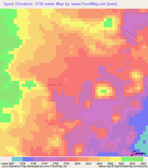 Uyuni,Bolivia Elevation Map