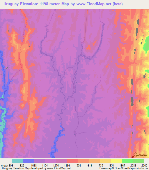Uruguay,Bolivia Elevation Map