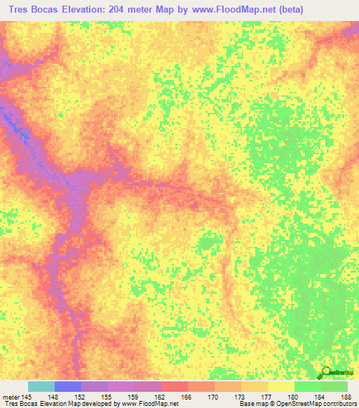 Tres Bocas,Bolivia Elevation Map
