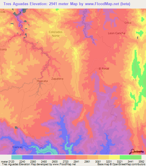 Tres Aguadas,Bolivia Elevation Map