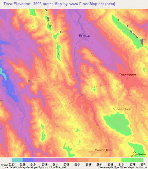 Toca,Bolivia Elevation Map