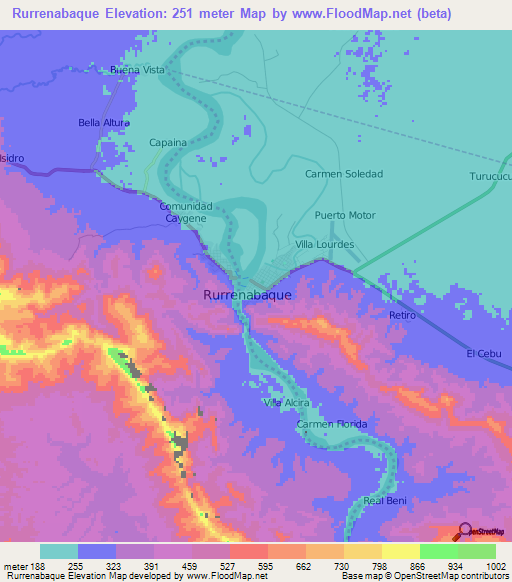 Rurrenabaque,Bolivia Elevation Map