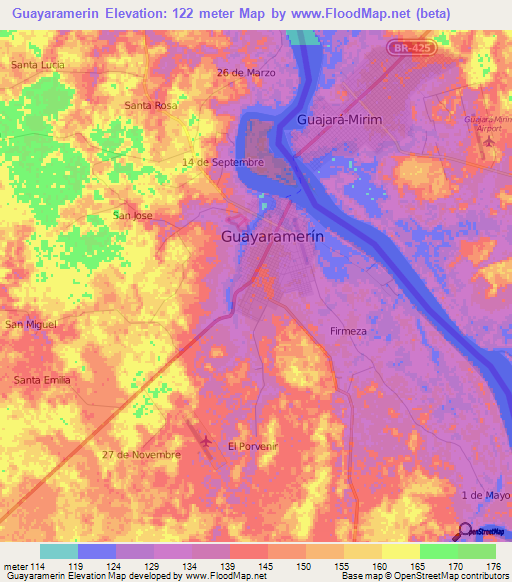Guayaramerin,Bolivia Elevation Map