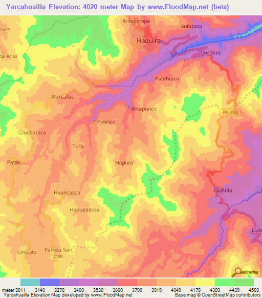 Yarcahuailla,Peru Elevation Map