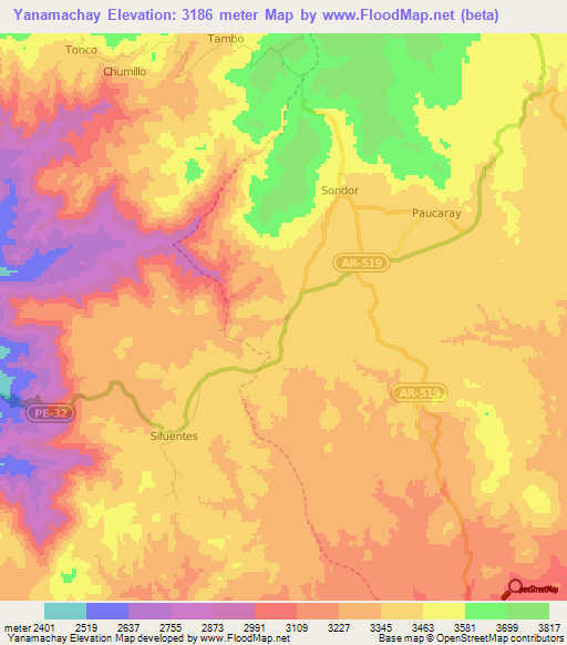 Yanamachay,Peru Elevation Map