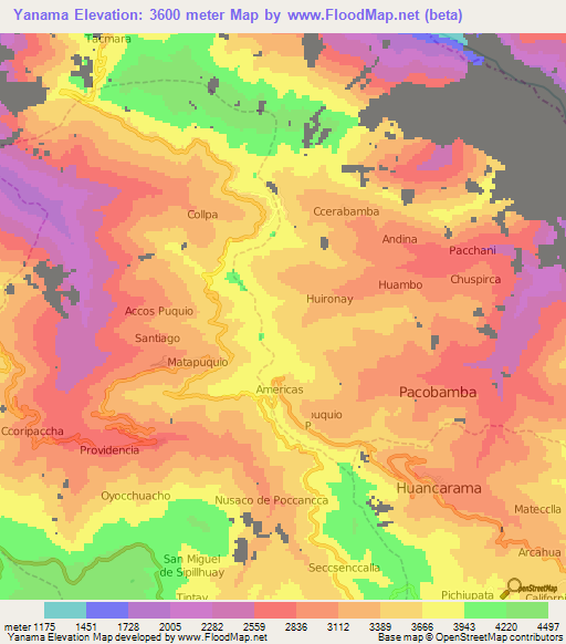 Yanama,Peru Elevation Map