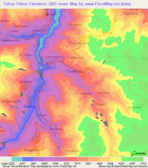 Yahua Yahua,Peru Elevation Map