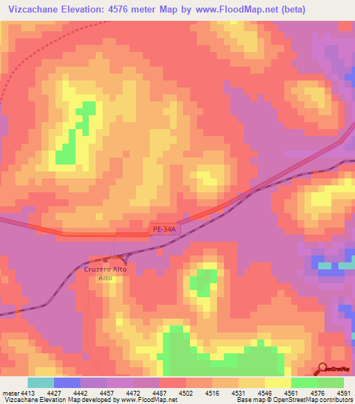 Vizcachane,Peru Elevation Map