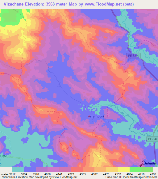 Vizachane,Peru Elevation Map