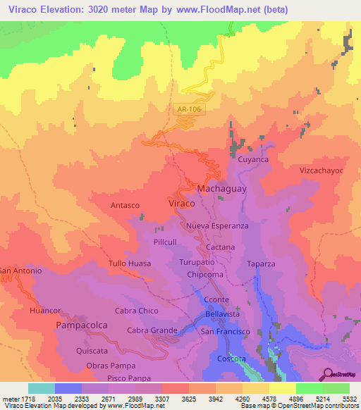 Viraco,Peru Elevation Map