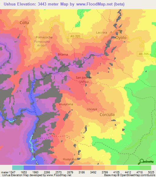 Ushua,Peru Elevation Map