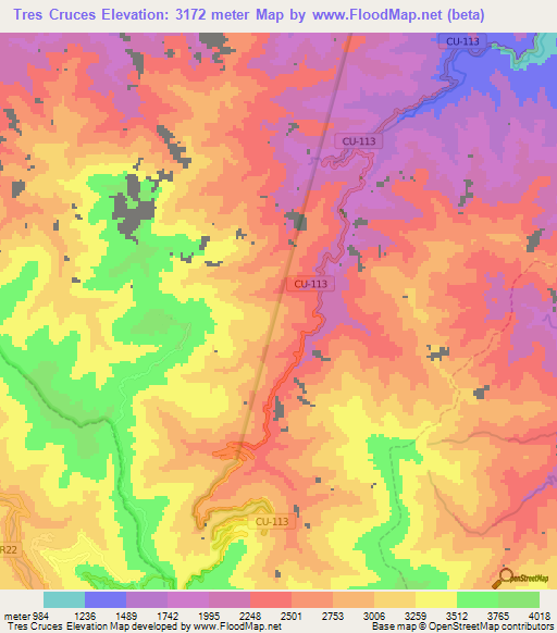 Tres Cruces,Peru Elevation Map