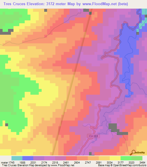 Tres Cruces,Peru Elevation Map