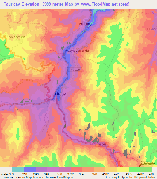 Tauricay,Peru Elevation Map