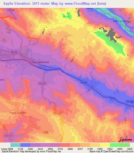 Saylla,Peru Elevation Map