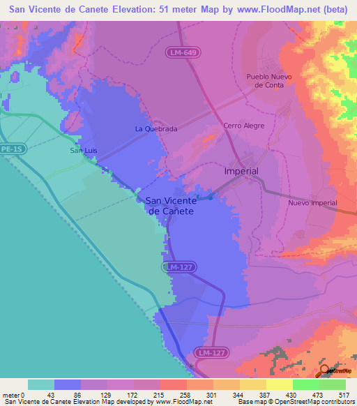 San Vicente de Canete,Peru Elevation Map