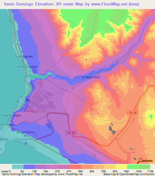 Santo Domingo,Peru Elevation Map
