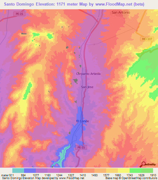 Santo Domingo,Peru Elevation Map