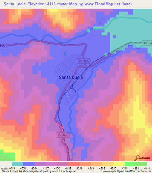Santa Lucia,Peru Elevation Map