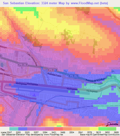 San Sebastian,Peru Elevation Map
