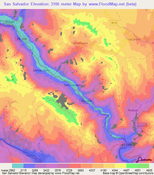 San Salvador,Peru Elevation Map