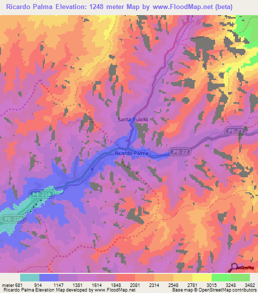 Ricardo Palma,Peru Elevation Map