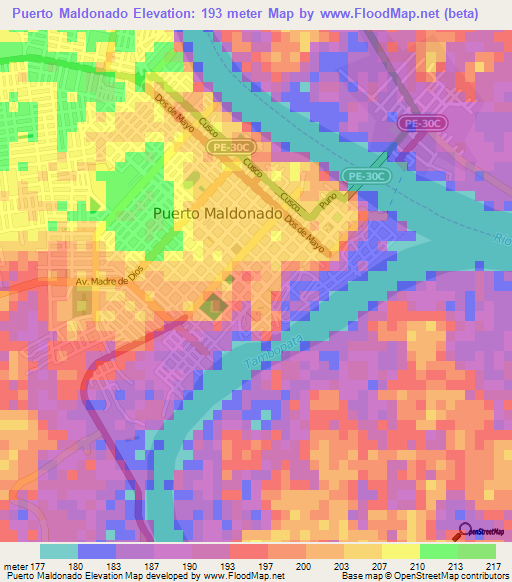 Puerto Maldonado,Peru Elevation Map