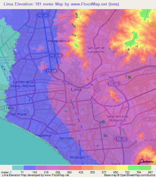 Lima,Peru Elevation Map