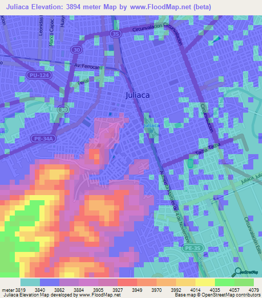 Juliaca,Peru Elevation Map