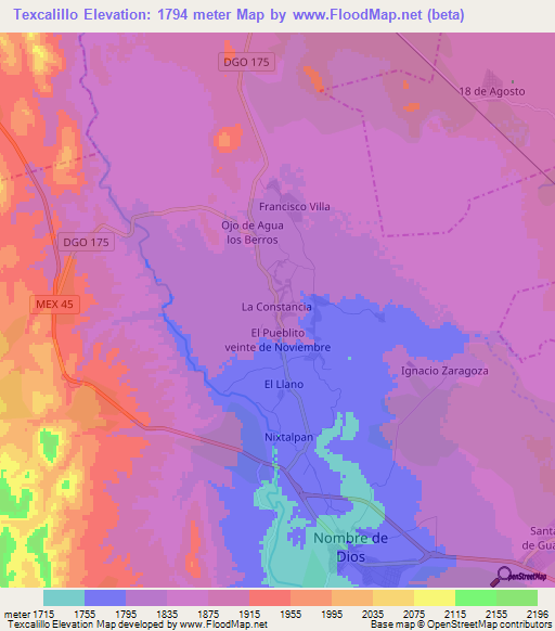 Texcalillo,Mexico Elevation Map