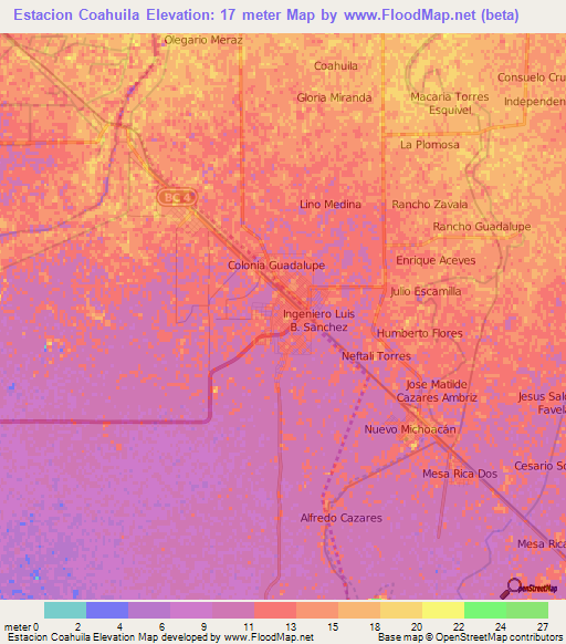 Estacion Coahuila,Mexico Elevation Map