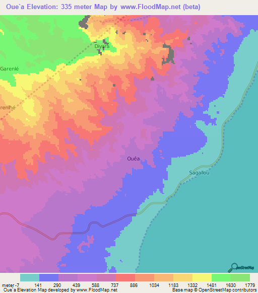 Oue`a,Djibouti Elevation Map