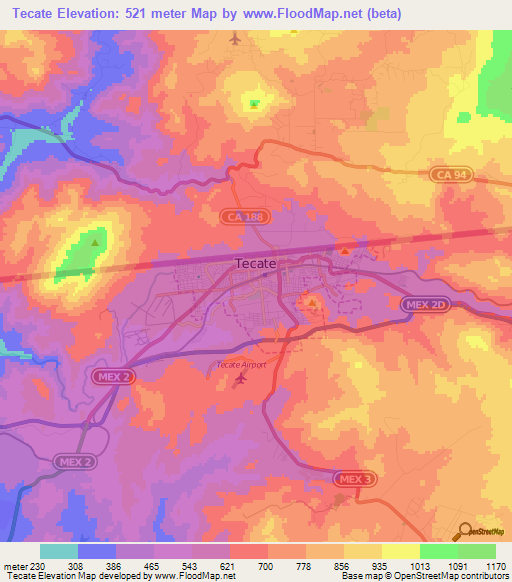 Tecate,Mexico Elevation Map