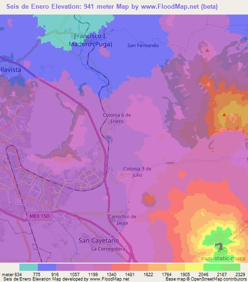 Seis de Enero,Mexico Elevation Map