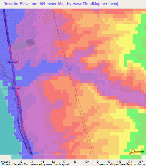 Rosarito,Mexico Elevation Map